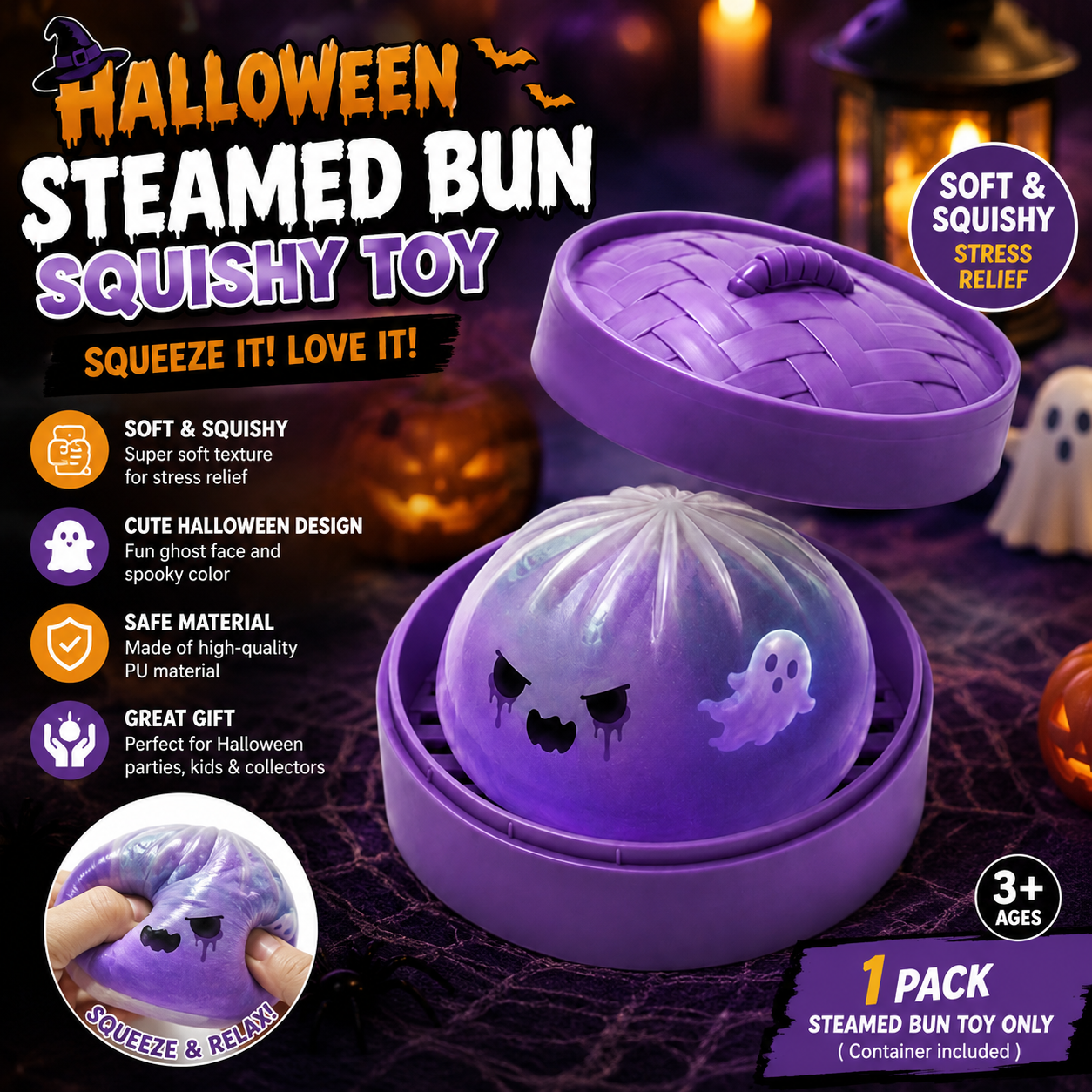 (Purple Ghost Buns) Halloween Slow-Rebound Soft Mini Bread Toy, 8.5cm, Stress-Relieving Squeeze Toy, Soft Food-Shaped Sensory Decompression Toy, with Storage Basket, Suitable for Teenagers and Adults, Party Gift