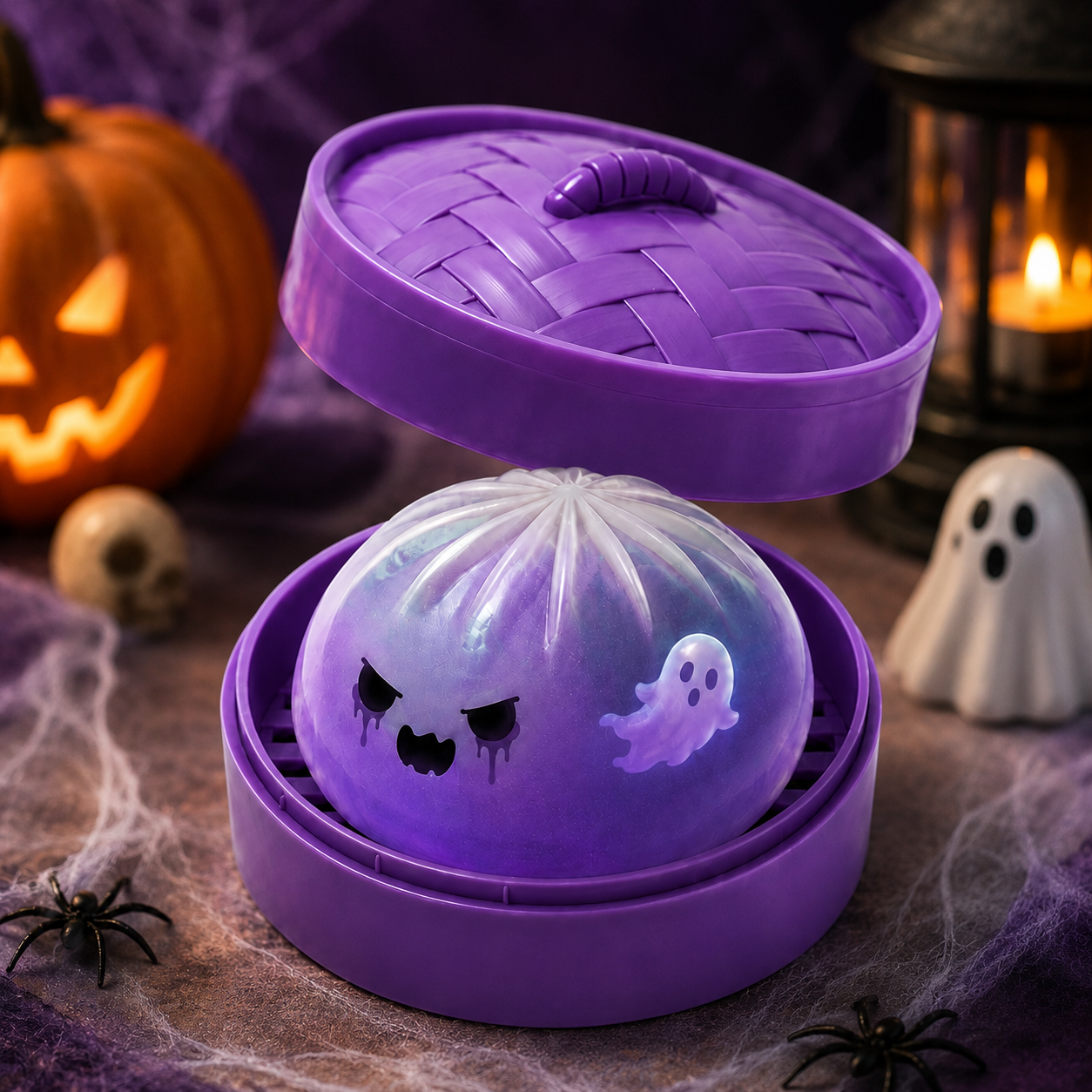 (Purple Ghost Buns) Halloween Slow-Rebound Soft Mini Bread Toy, 8.5cm, Stress-Relieving Squeeze Toy, Soft Food-Shaped Sensory Decompression Toy, with Storage Basket, Suitable for Teenagers and Adults, Party Gift