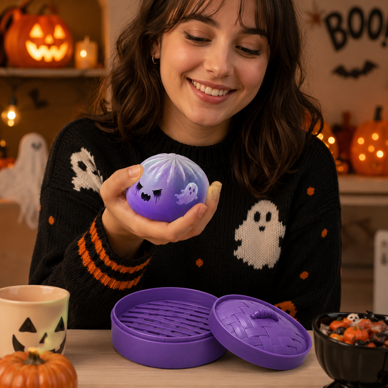 (Purple Ghost Buns) Halloween Slow-Rebound Soft Mini Bread Toy, 8.5cm, Stress-Relieving Squeeze Toy, Soft Food-Shaped Sensory Decompression Toy, with Storage Basket, Suitable for Teenagers and Adults, Party Gift