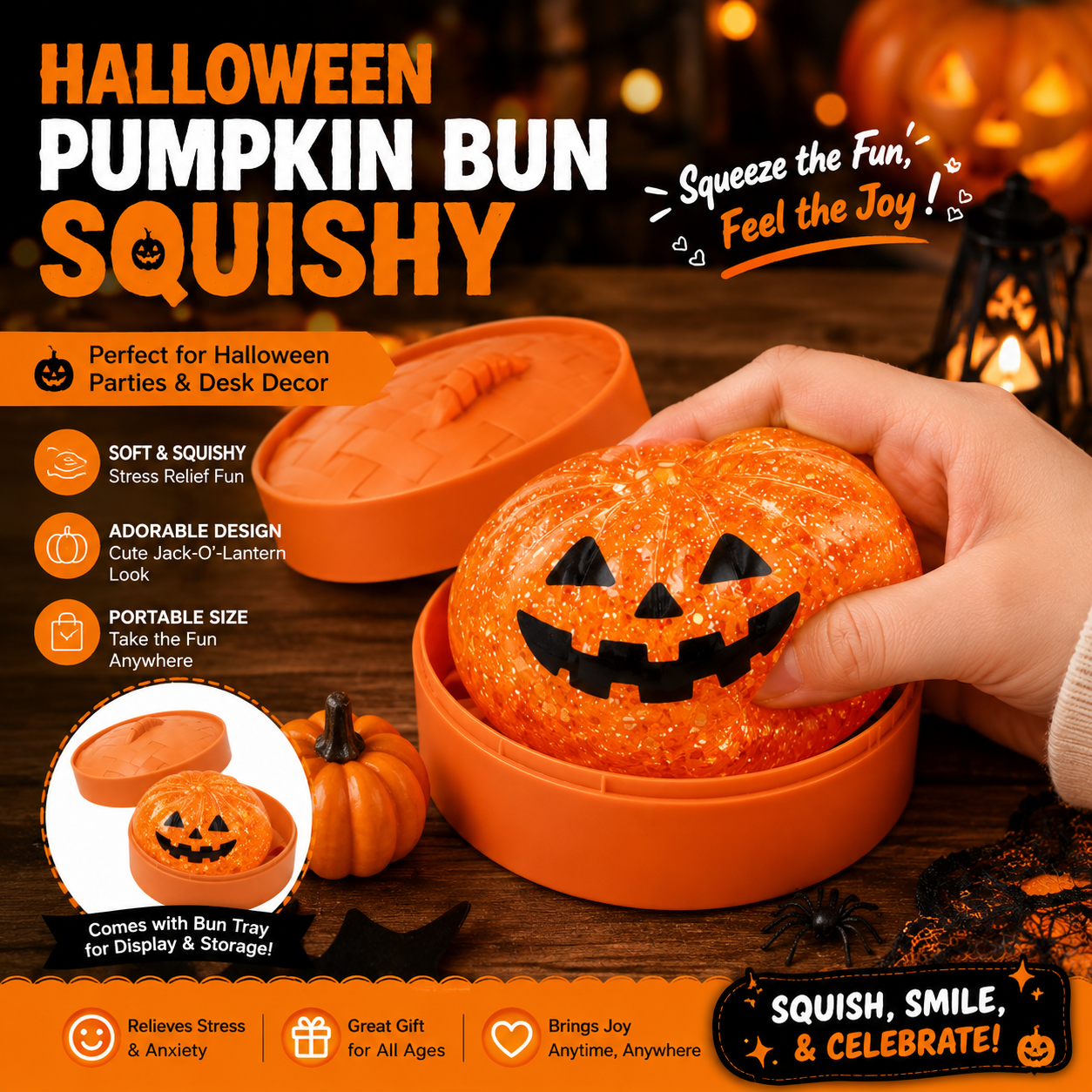 (Orange pumpkin buns) Halloween Slow-Rebound Soft Mini Bread Toy, 8.5cm, Stress-Relieving Squeeze Toy, Soft Food-Shaped Sensory Decompression Toy, with Storage Basket, Suitable for Teenagers and Adults, Party Gift