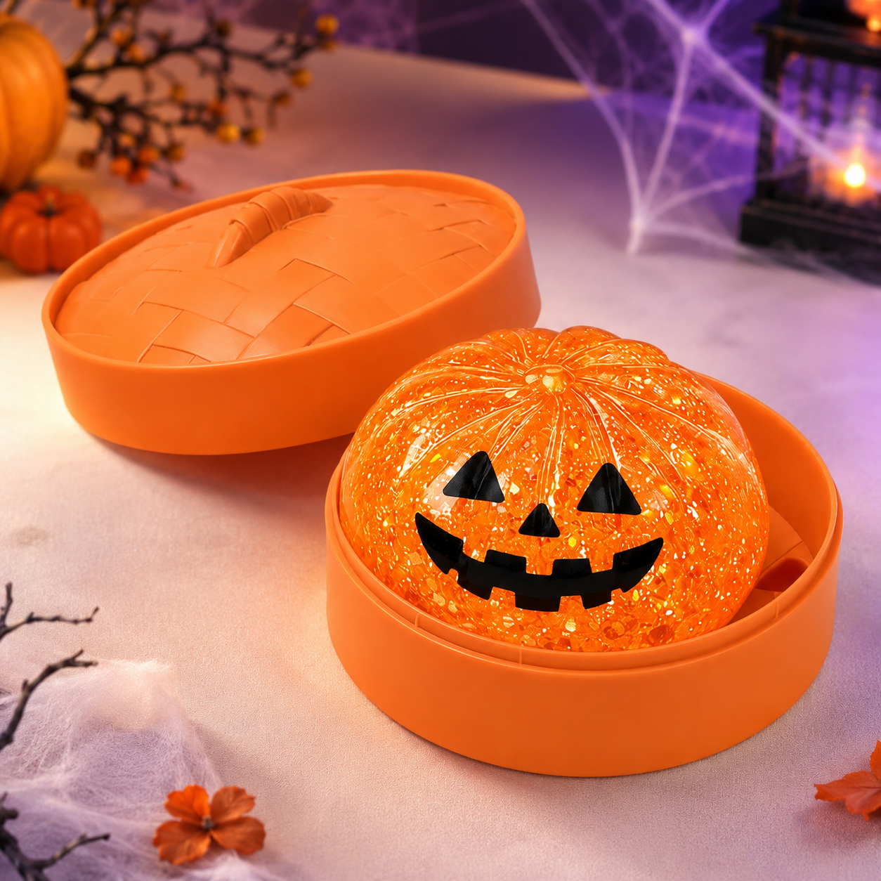 (Orange pumpkin buns) Halloween Slow-Rebound Soft Mini Bread Toy, 8.5cm, Stress-Relieving Squeeze Toy, Soft Food-Shaped Sensory Decompression Toy, with Storage Basket, Suitable for Teenagers and Adults, Party Gift