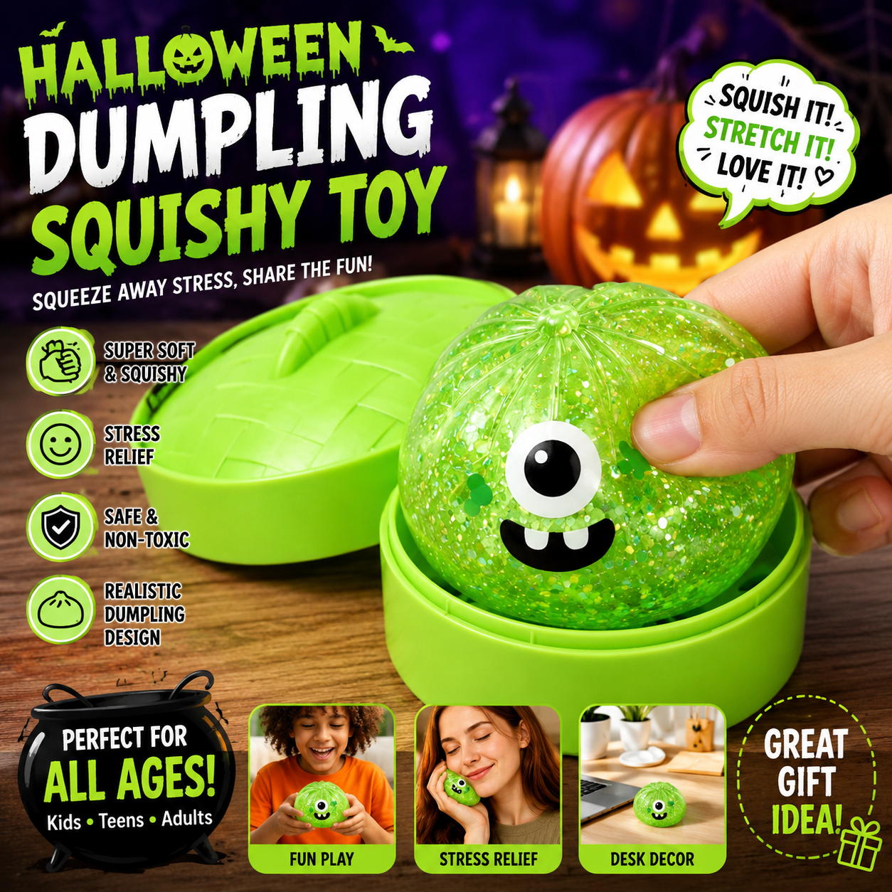 (Green Monster Buns) Halloween Slow-Rebound Soft Mini Bread Toy, 8.5cm, Stress-Relieving Squeeze Toy, Soft Food-Shaped Sensory Decompression Toy, with Storage Basket, Suitable for Teenagers and Adults, Party Gift
