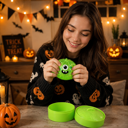 (Green Monster Buns) Halloween Slow-Rebound Soft Mini Bread Toy, 8.5cm, Stress-Relieving Squeeze Toy, Soft Food-Shaped Sensory Decompression Toy, with Storage Basket, Suitable for Teenagers and Adults, Party Gift