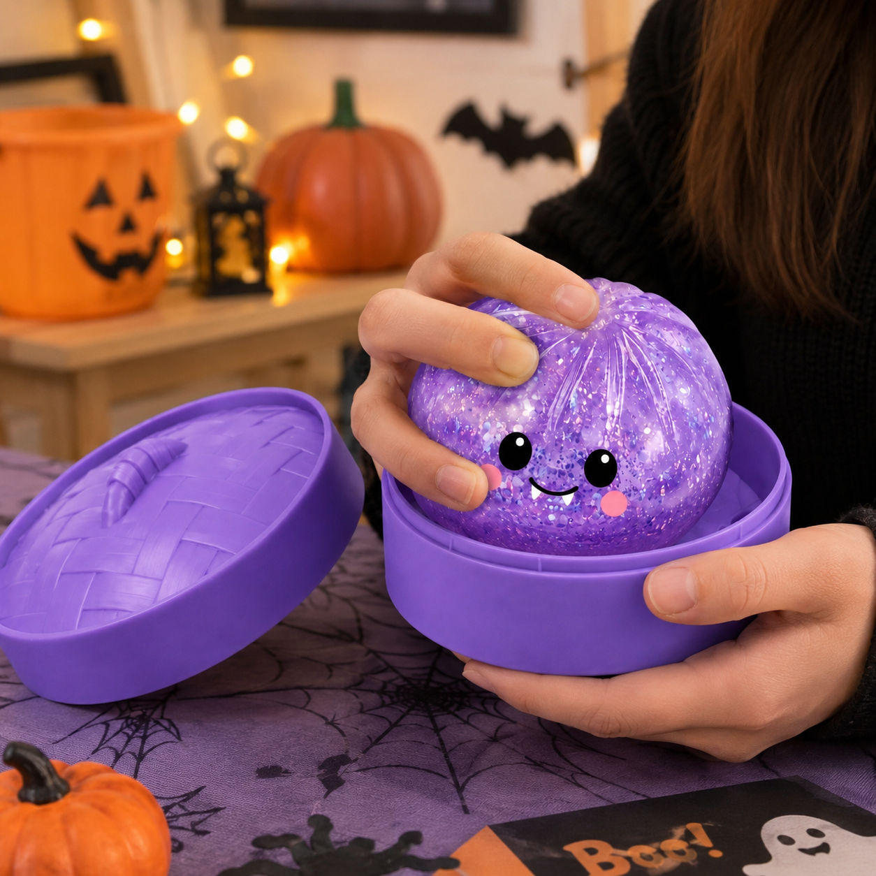 (Purple Crystal Buns) Halloween Slow-Rebound Soft Mini Bread Toy, 8.5cm, Stress-Relieving Squeeze Toy, Soft Food-Shaped Sensory Decompression Toy, with Storage Basket, Suitable for Teenagers and Adults, Party Gift