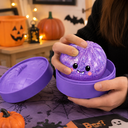 (Purple Crystal Buns) Halloween Slow-Rebound Soft Mini Bread Toy, 8.5cm, Stress-Relieving Squeeze Toy, Soft Food-Shaped Sensory Decompression Toy, with Storage Basket, Suitable for Teenagers and Adults, Party Gift