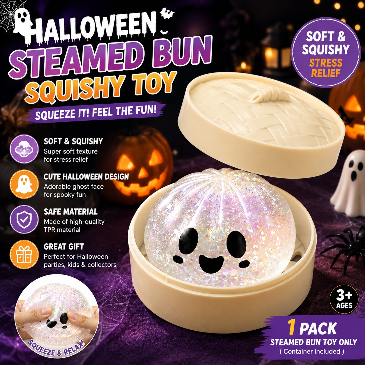 (White steamed buns) Halloween Slow-Rebound Soft Mini Bread Toy, 8.5cm, Stress-Relieving Squeeze Toy, Soft Food-Shaped Sensory Decompression Toy, with Storage Basket, Suitable for Teenagers and Adults, Party Gift