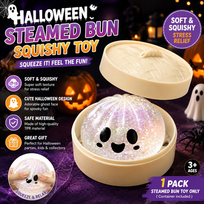 (White steamed buns) Halloween Slow-Rebound Soft Mini Bread Toy, 8.5cm, Stress-Relieving Squeeze Toy, Soft Food-Shaped Sensory Decompression Toy, with Storage Basket, Suitable for Teenagers and Adults, Party Gift