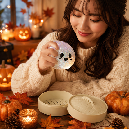 (White steamed buns) Halloween Slow-Rebound Soft Mini Bread Toy, 8.5cm, Stress-Relieving Squeeze Toy, Soft Food-Shaped Sensory Decompression Toy, with Storage Basket, Suitable for Teenagers and Adults, Party Gift