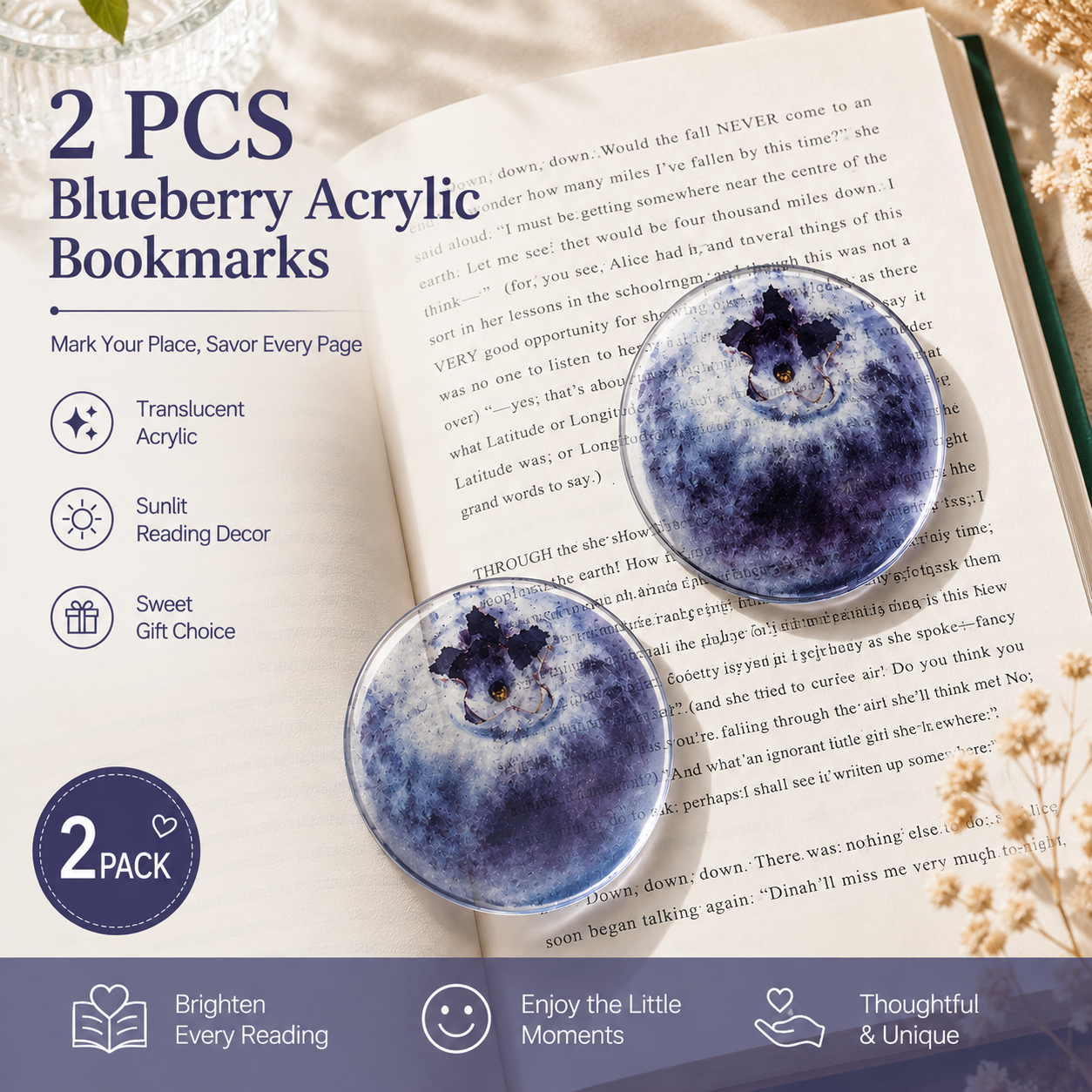 2PCS Cute Blueberries Acrylic Bookmarks Fruit Transparent Reading Bookmarks Aesthetic Page Markers for Book Lovers Students Teachers Reading Gifts