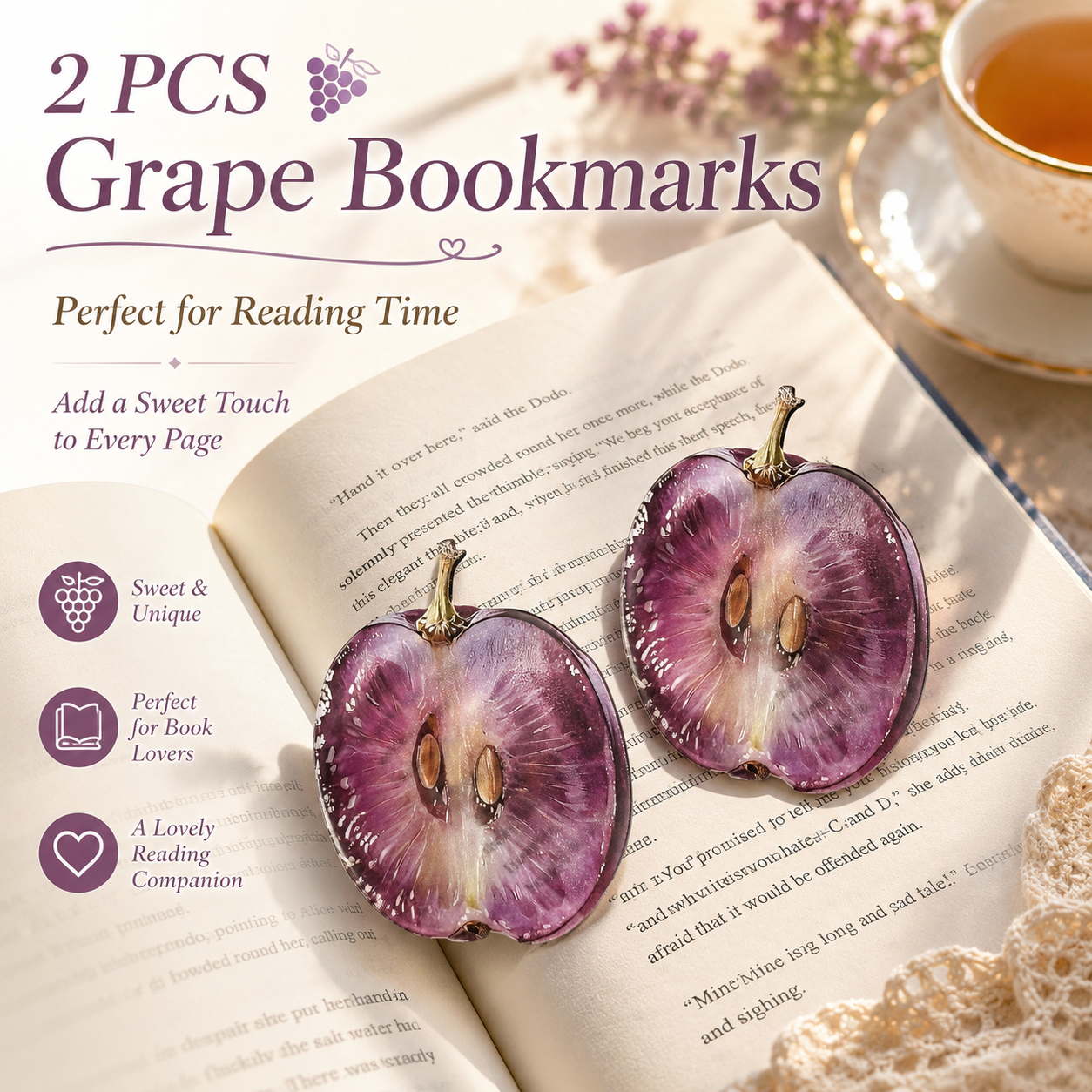 2PCS Cute Grapes Acrylic Bookmarks Fruit Transparent Reading Bookmarks Aesthetic Page Markers for Book Lovers Students Teachers Reading Gifts