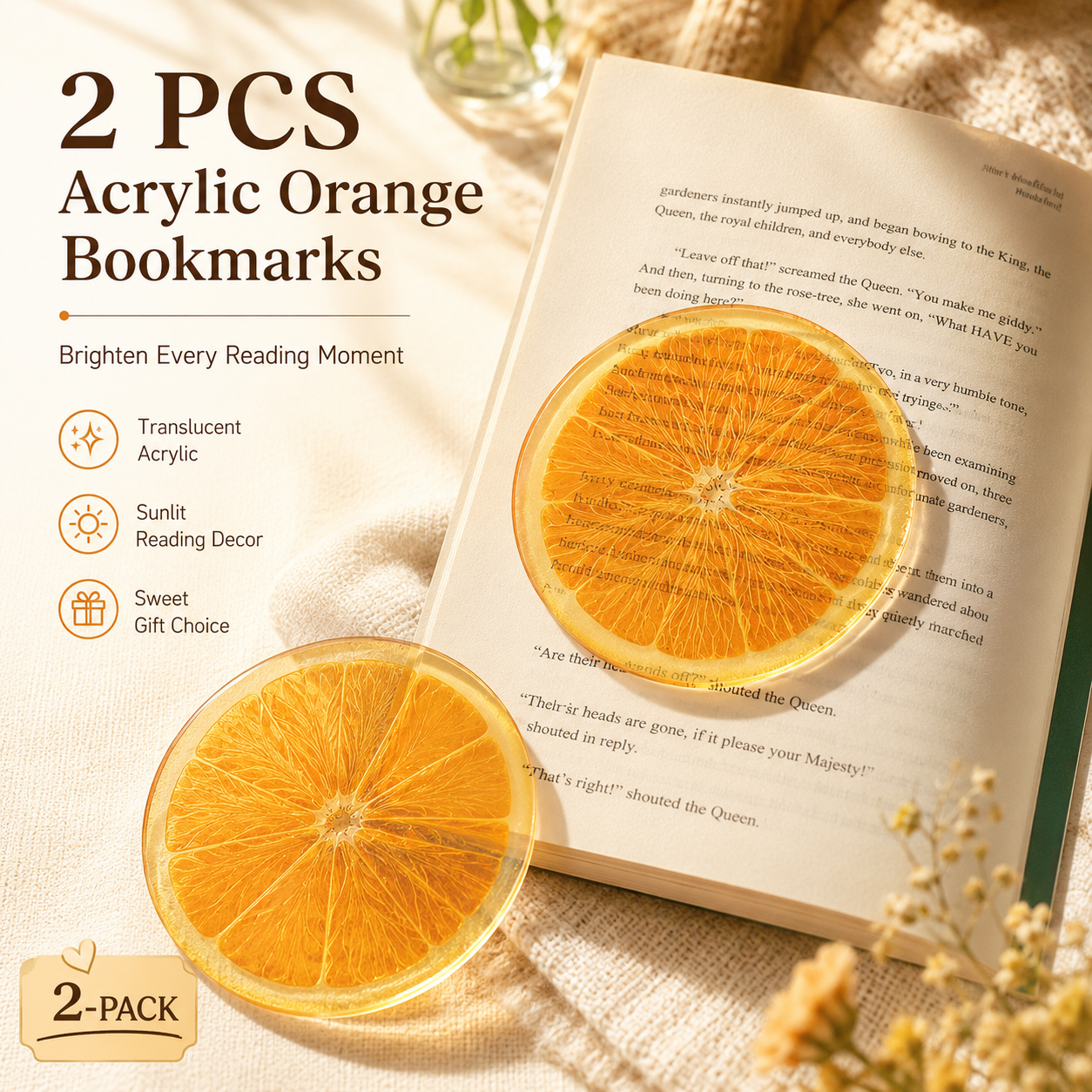 2PCS Cute Oranges Acrylic Bookmarks Fruit Transparent Reading Bookmarks Aesthetic Page Markers for Book Lovers Students Teachers Reading Gifts