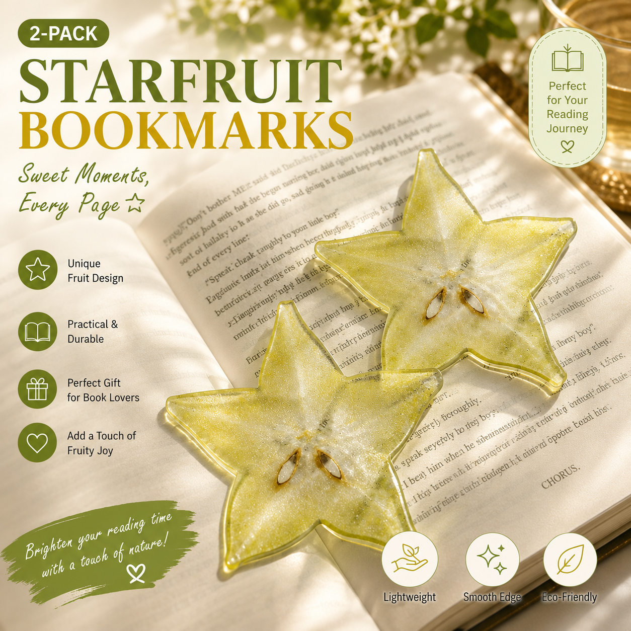 2PCS Cute Star fruit Acrylic Bookmarks Fruit Transparent Reading Bookmarks Aesthetic Page Markers for Book Lovers Students Teachers Reading Gifts