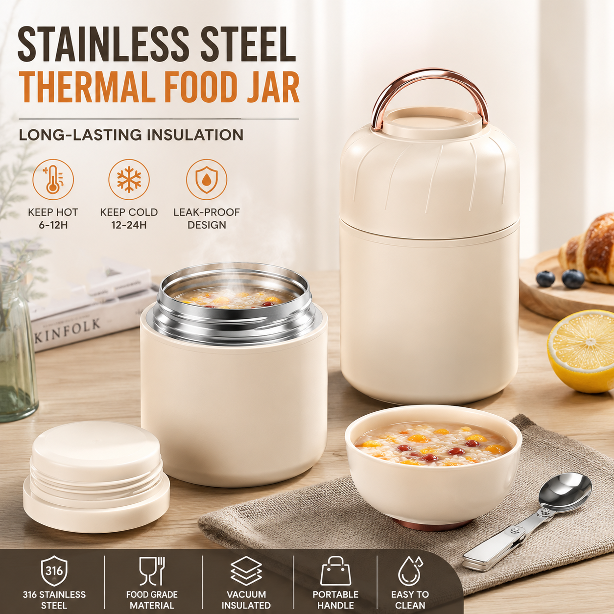 White 500ml Thermal Food Jar with Spoon Portable Insulated Lunch Container Vacuum Soup Cup Leakproof Food Flask for Office Travel Camping Stew Rice Porridge Meal Prep