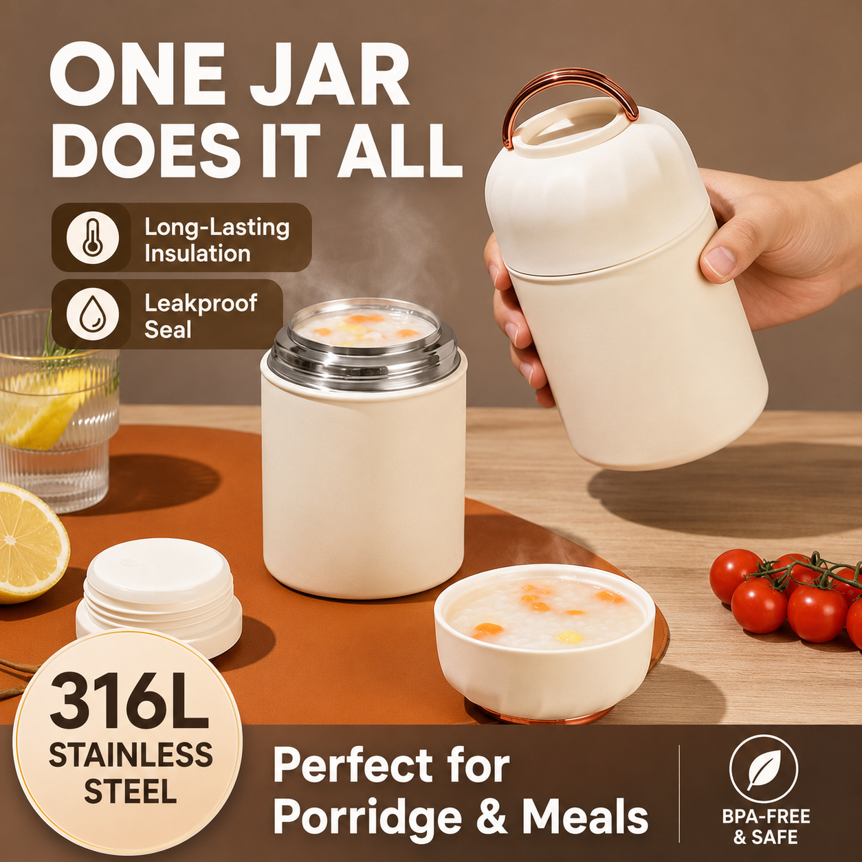 White 850ml Thermal Food Jar with Spoon Portable Insulated Lunch Container Vacuum Soup Cup Leakproof Food Flask for Office Travel Camping Stew Rice Porridge Meal Prep