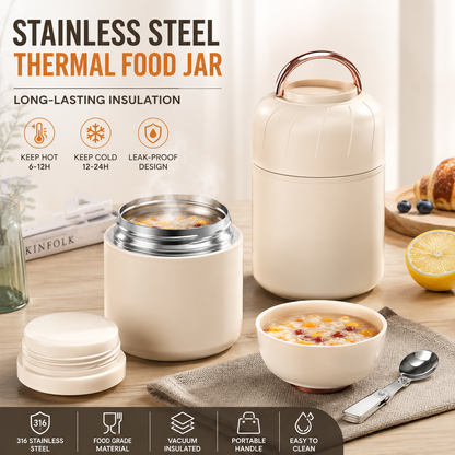 White 1050ml Thermal Food Jar with Spoon Portable Insulated Lunch Container Vacuum Soup Cup Leakproof Food Flask for Office Travel Camping Stew Rice Porridge Meal Prep