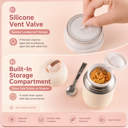 White 1050ml Thermal Food Jar with Spoon Portable Insulated Lunch Container Vacuum Soup Cup Leakproof Food Flask for Office Travel Camping Stew Rice Porridge Meal Prep