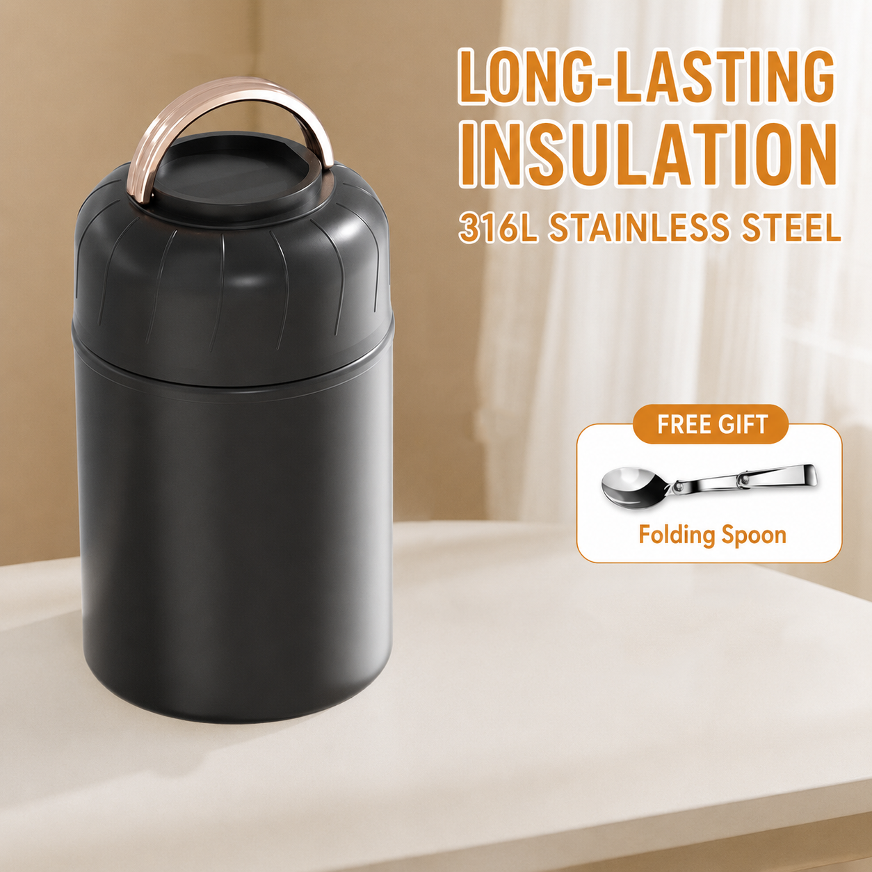 Black 850ml Thermal Food Jar with Spoon Portable Insulated Lunch Container Vacuum Soup Cup Leakproof Food Flask for Office Travel Camping Stew Rice Porridge Meal Prep