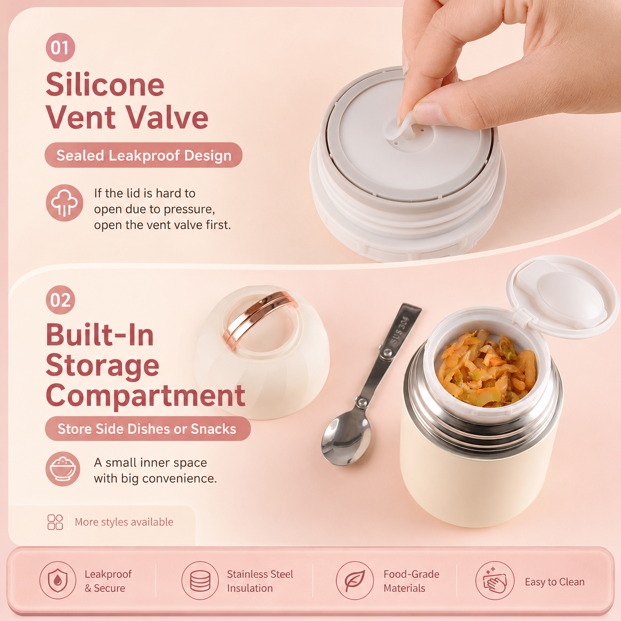 Black 850ml Thermal Food Jar with Spoon Portable Insulated Lunch Container Vacuum Soup Cup Leakproof Food Flask for Office Travel Camping Stew Rice Porridge Meal Prep