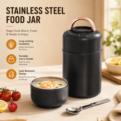 Black 500ml Thermal Food Jar with Spoon Portable Insulated Lunch Container Vacuum Soup Cup Leakproof Food Flask for Office Travel Camping Stew Rice Porridge Meal Prep
