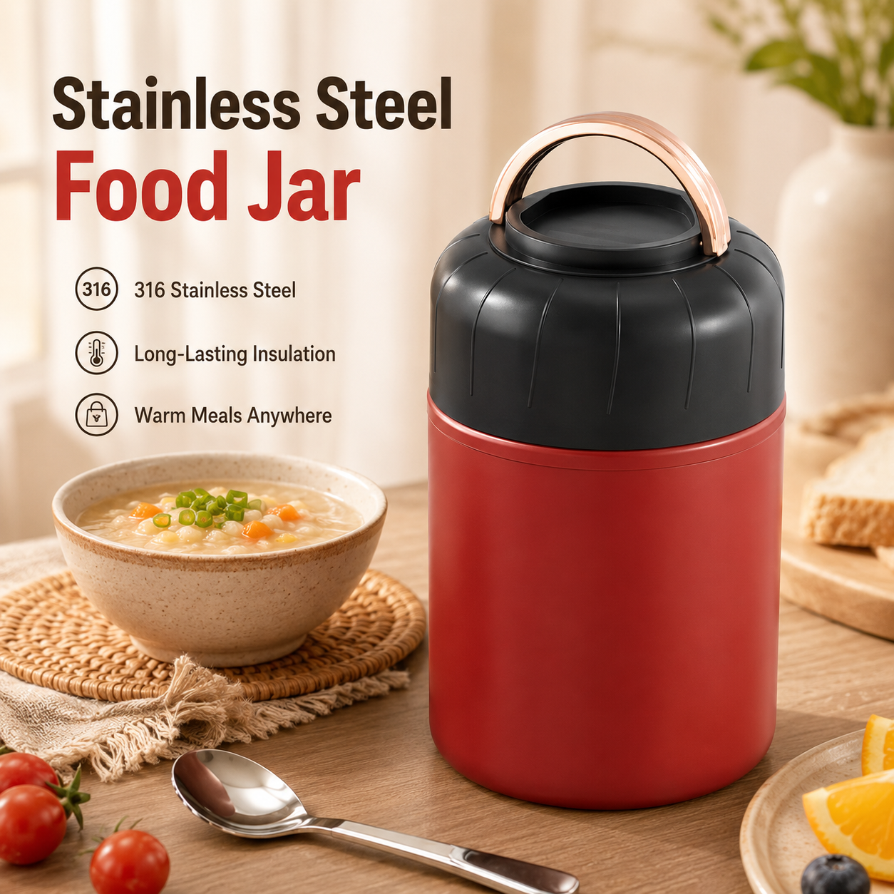 Red 850ml Thermal Food Jar with Spoon Portable Insulated Lunch Container Vacuum Soup Cup Leakproof Food Flask for Office Travel Camping Stew Rice Porridge Meal Prep