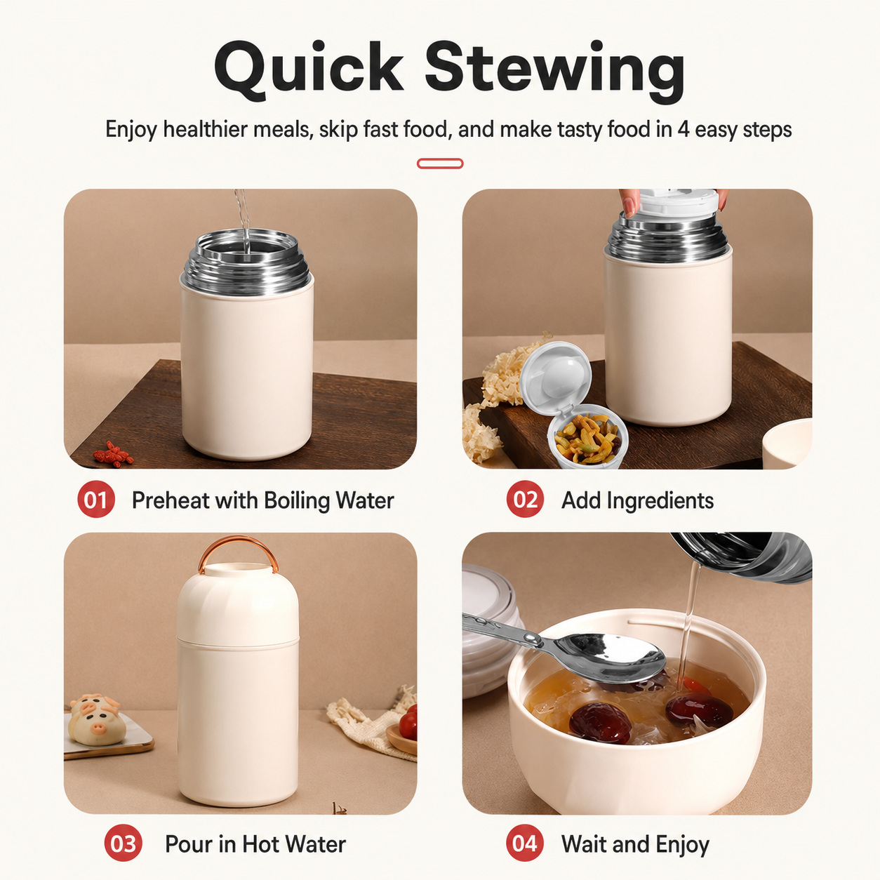 Red 500ml Thermal Food Jar with Spoon Portable Insulated Lunch Container Vacuum Soup Cup Leakproof Food Flask for Office Travel Camping Stew Rice Porridge Meal Prep