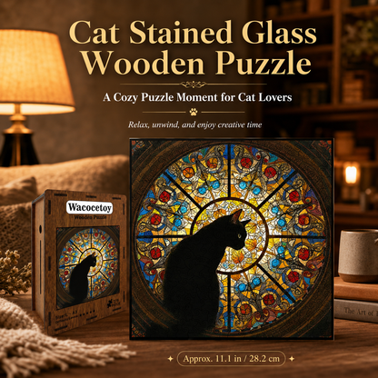 L size Cat Stained Glass Wooden Puzzle Irregular Shaped Jigsaw Puzzle High Difficulty Wooden Brain Teaser Cathedral Black Cat Mosaic Puzzle Gift for Puzzle Lovers Home Decor