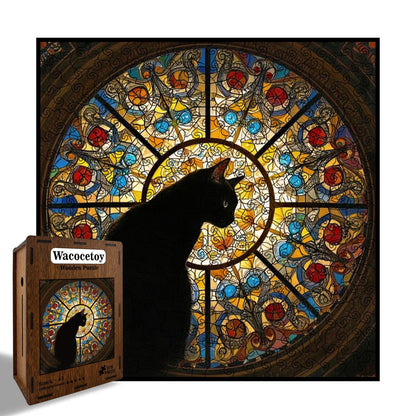 L size Cat Stained Glass Wooden Puzzle Irregular Shaped Jigsaw Puzzle High Difficulty Wooden Brain Teaser Cathedral Black Cat Mosaic Puzzle Gift for Puzzle Lovers Home Decor
