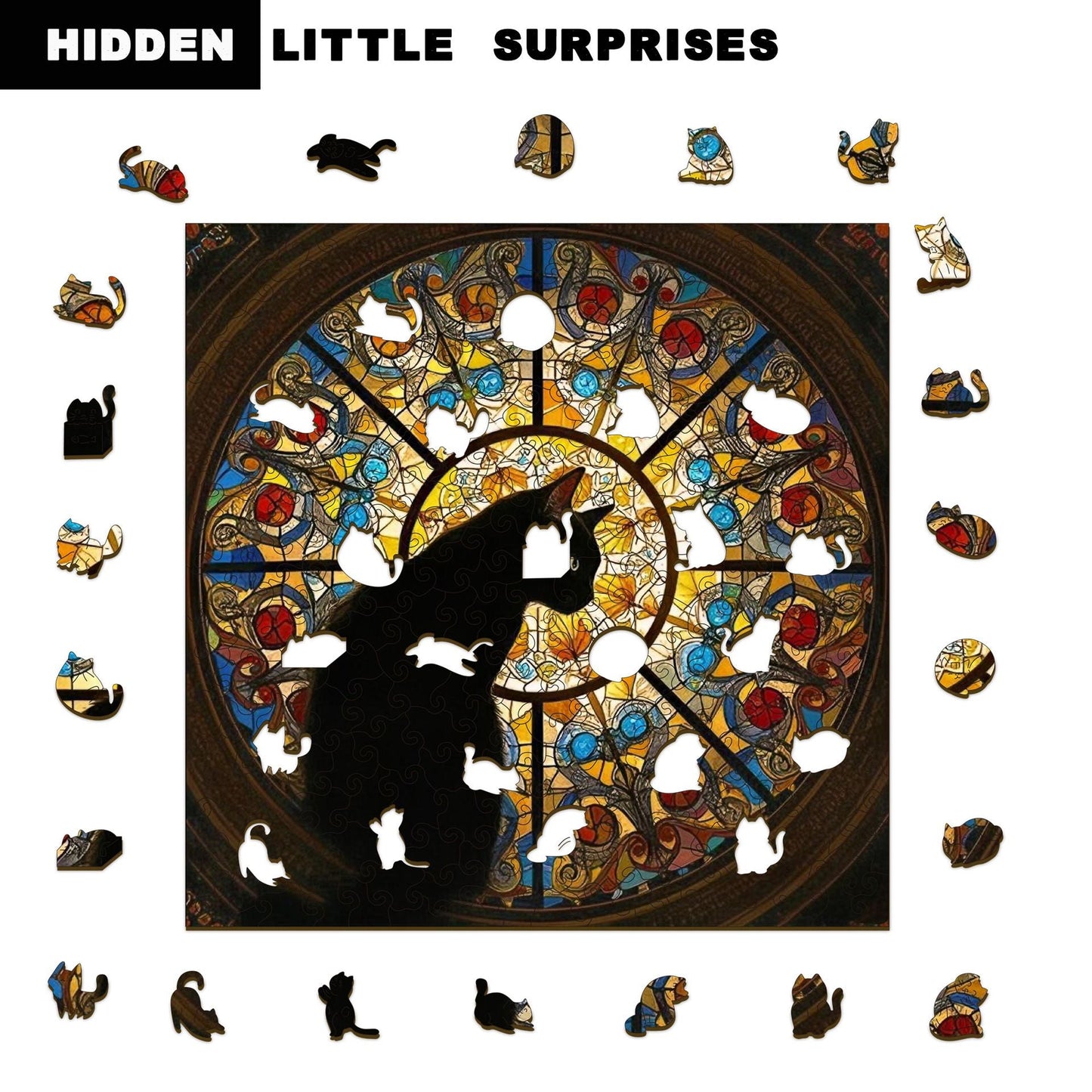 L size Cat Stained Glass Wooden Puzzle Irregular Shaped Jigsaw Puzzle High Difficulty Wooden Brain Teaser Cathedral Black Cat Mosaic Puzzle Gift for Puzzle Lovers Home Decor