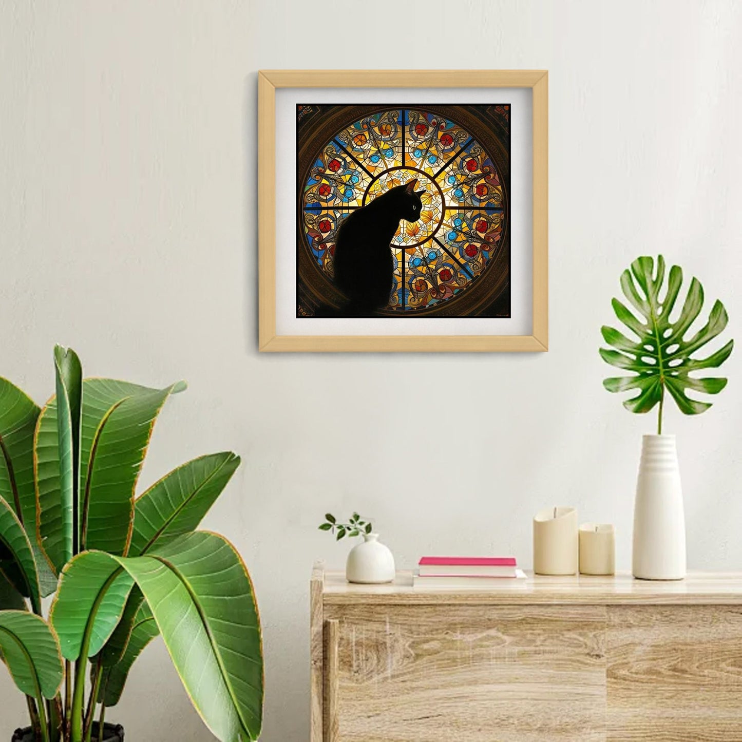 L size Cat Stained Glass Wooden Puzzle Irregular Shaped Jigsaw Puzzle High Difficulty Wooden Brain Teaser Cathedral Black Cat Mosaic Puzzle Gift for Puzzle Lovers Home Decor