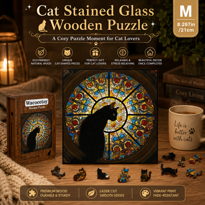 M size Cat Stained Glass Wooden Puzzle Irregular Shaped Jigsaw Puzzle High Difficulty Wooden Brain Teaser Cathedral Black Cat Mosaic Puzzle Gift for Puzzle Lovers Home Decor