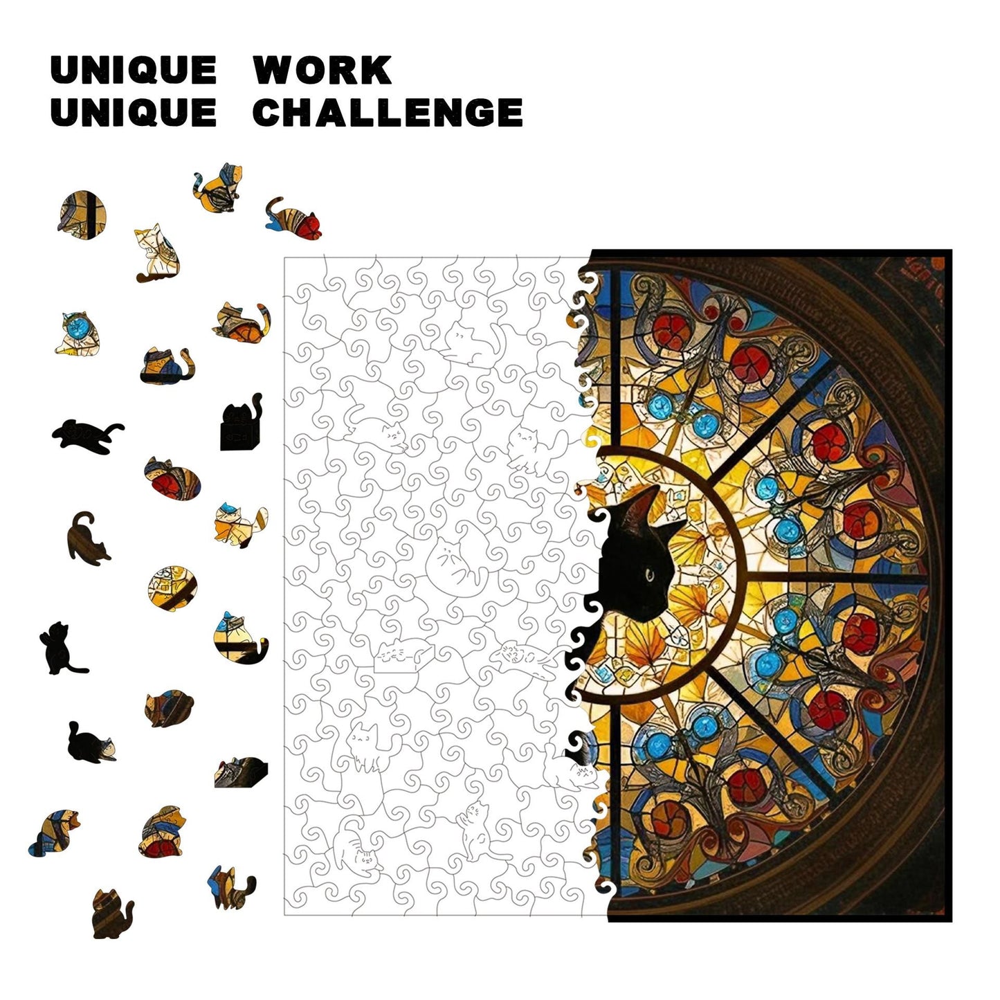 M size Cat Stained Glass Wooden Puzzle Irregular Shaped Jigsaw Puzzle High Difficulty Wooden Brain Teaser Cathedral Black Cat Mosaic Puzzle Gift for Puzzle Lovers Home Decor