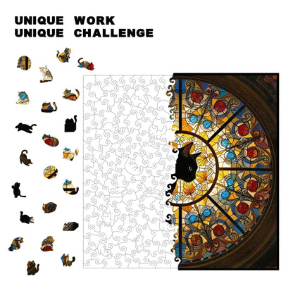 M size Cat Stained Glass Wooden Puzzle Irregular Shaped Jigsaw Puzzle High Difficulty Wooden Brain Teaser Cathedral Black Cat Mosaic Puzzle Gift for Puzzle Lovers Home Decor