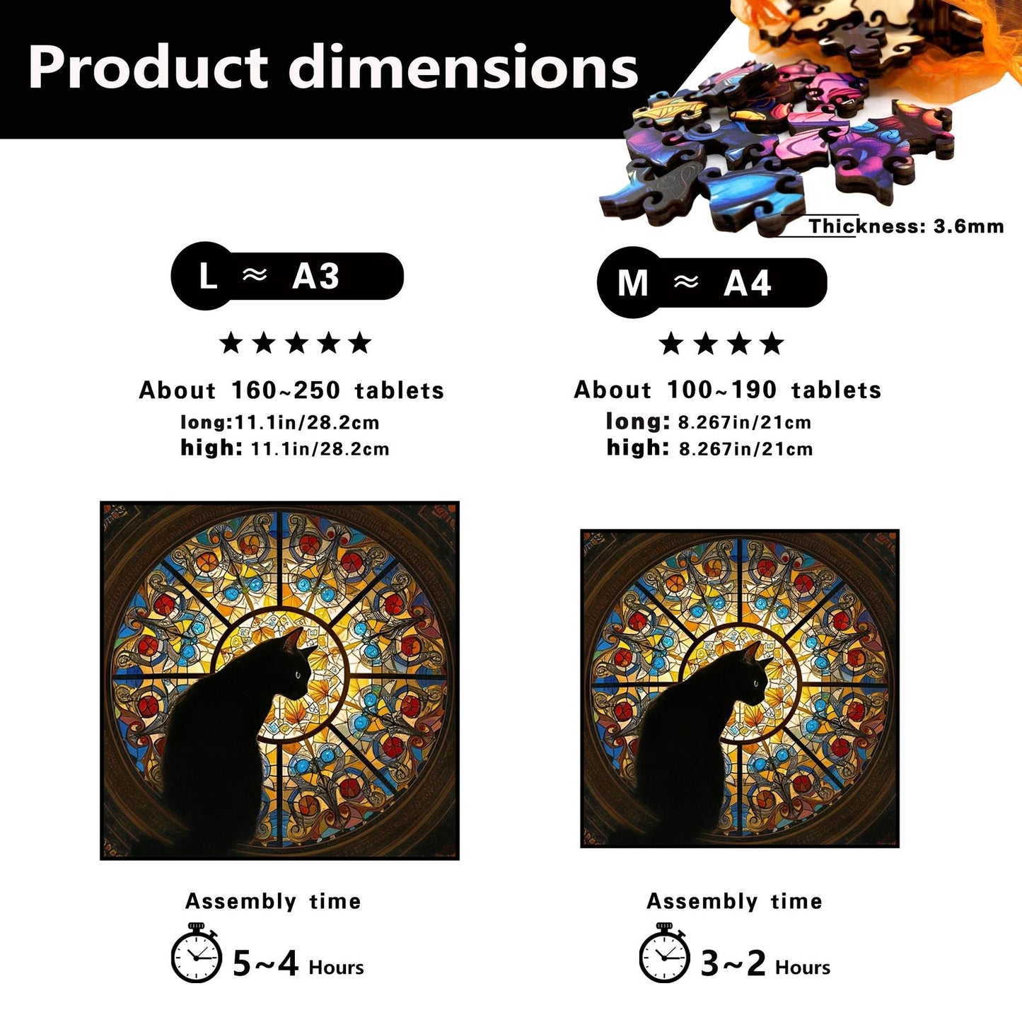 M size Cat Stained Glass Wooden Puzzle Irregular Shaped Jigsaw Puzzle High Difficulty Wooden Brain Teaser Cathedral Black Cat Mosaic Puzzle Gift for Puzzle Lovers Home Decor