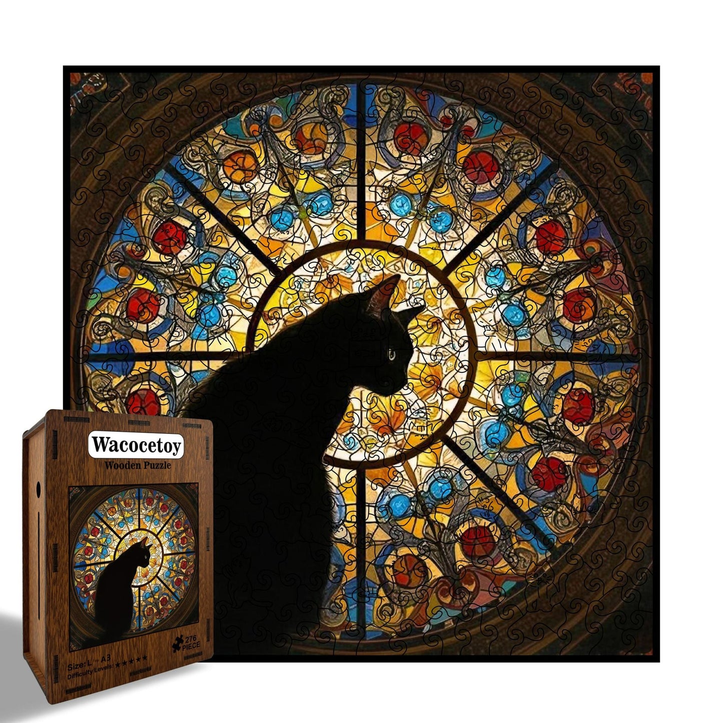 M size Cat Stained Glass Wooden Puzzle Irregular Shaped Jigsaw Puzzle High Difficulty Wooden Brain Teaser Cathedral Black Cat Mosaic Puzzle Gift for Puzzle Lovers Home Decor