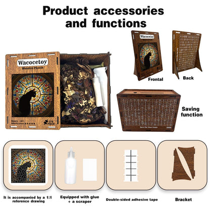 M size Cat Stained Glass Wooden Puzzle Irregular Shaped Jigsaw Puzzle High Difficulty Wooden Brain Teaser Cathedral Black Cat Mosaic Puzzle Gift for Puzzle Lovers Home Decor