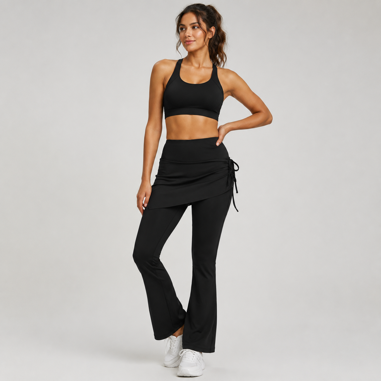 Women's High Waist Skirted Flare Yoga Pants with Adjustable Ruched Drawstring (S size)- Black Faux Two Piece Bootcut Leggings for Pilates, Gym Workout, Running, Dance and Everyday Wear