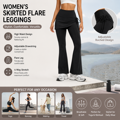 Women's High Waist Skirted Flare Yoga Pants with Adjustable Ruched Drawstring (XL size)- Black Faux Two Piece Bootcut Leggings for Pilates, Gym Workout, Running, Dance and Everyday Wear