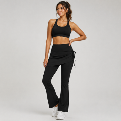 Women's High Waist Skirted Flare Yoga Pants with Adjustable Ruched Drawstring (XL size)- Black Faux Two Piece Bootcut Leggings for Pilates, Gym Workout, Running, Dance and Everyday Wear