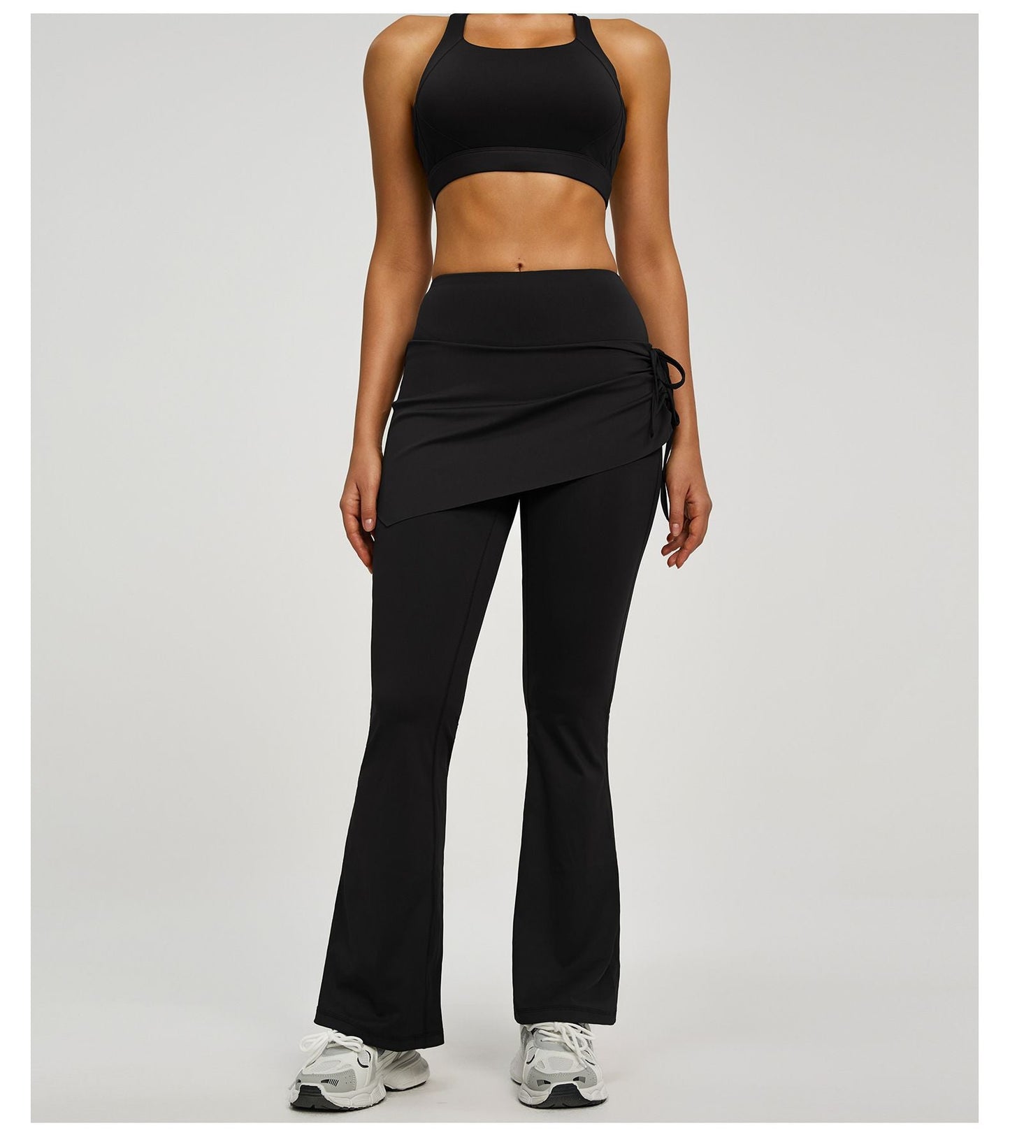 Women's High Waist Skirted Flare Yoga Pants with Adjustable Ruched Drawstring (XL size)- Black Faux Two Piece Bootcut Leggings for Pilates, Gym Workout, Running, Dance and Everyday Wear