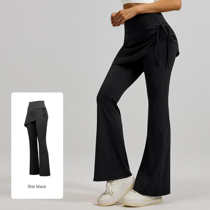 Women's High Waist Skirted Flare Yoga Pants with Adjustable Ruched Drawstring (XXL size)- Black Faux Two Piece Bootcut Leggings for Pilates, Gym Workout, Running, Dance and Everyday Wear
