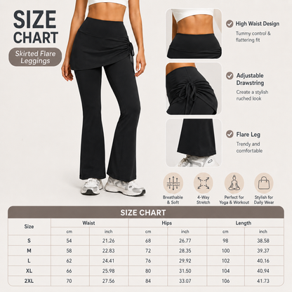 Women's High Waist Skirted Flare Yoga Pants with Adjustable Ruched Drawstring (XXL size)- Black Faux Two Piece Bootcut Leggings for Pilates, Gym Workout, Running, Dance and Everyday Wear