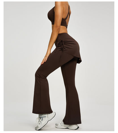Women's High Waist Skirted Flare Yoga Pants with Adjustable Ruched Drawstring (L size)- Coffee brown Faux Two Piece Bootcut Leggings for Pilates, Gym Workout, Running, Dance and Everyday Wear