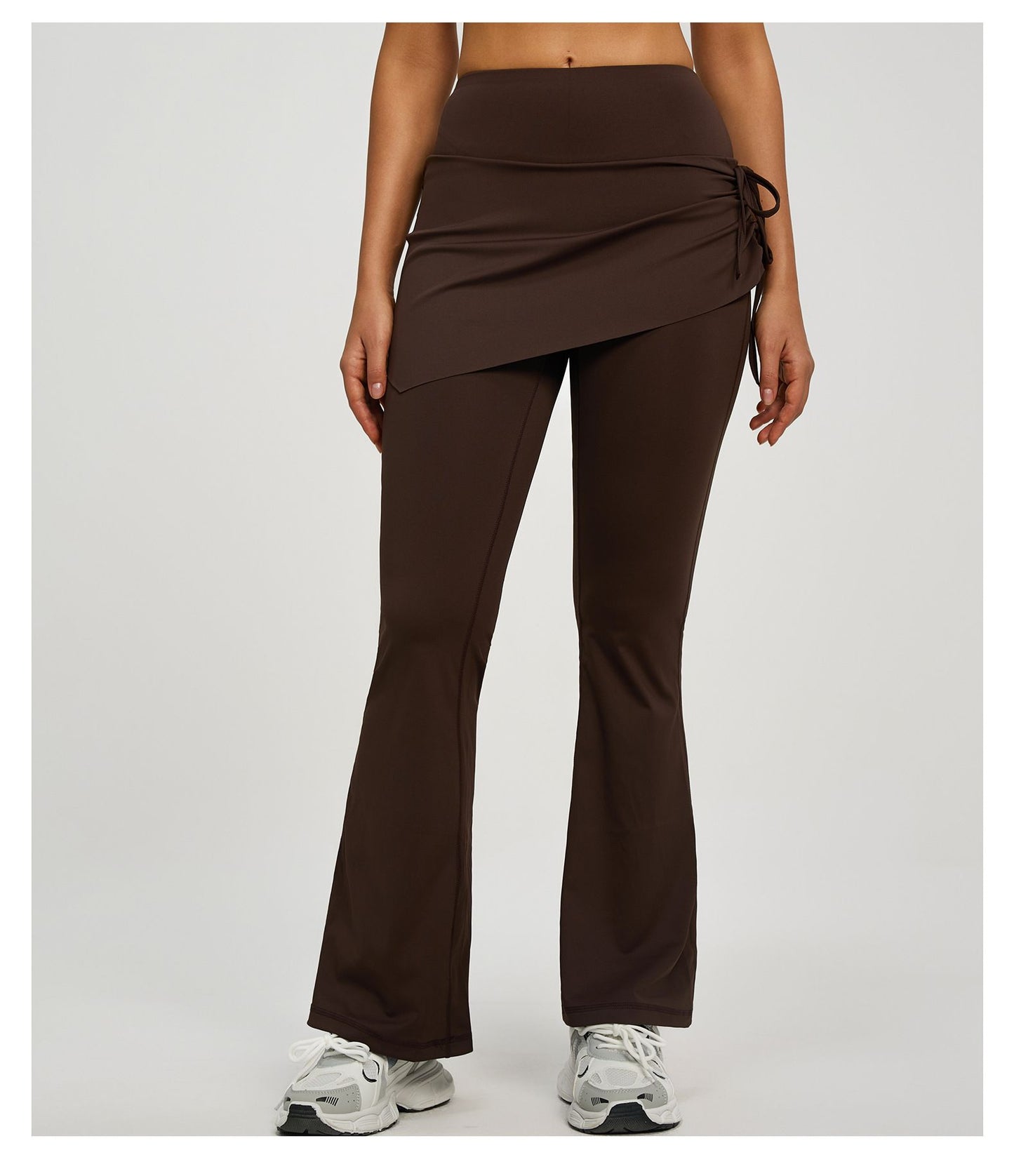 Women's High Waist Skirted Flare Yoga Pants with Adjustable Ruched Drawstring (L size)- Coffee brown Faux Two Piece Bootcut Leggings for Pilates, Gym Workout, Running, Dance and Everyday Wear