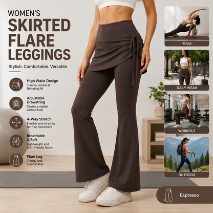 Women's High Waist Skirted Flare Yoga Pants with Adjustable Ruched Drawstring (XL size)- Coffee brown Faux Two Piece Bootcut Leggings for Pilates, Gym Workout, Running, Dance and Everyday Wear