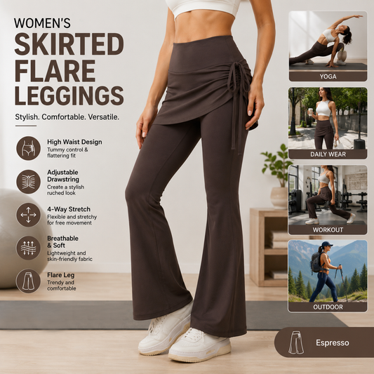 Women's High Waist Skirted Flare Yoga Pants with Adjustable Ruched Drawstring (XL size)- Coffee brown Faux Two Piece Bootcut Leggings for Pilates, Gym Workout, Running, Dance and Everyday Wear