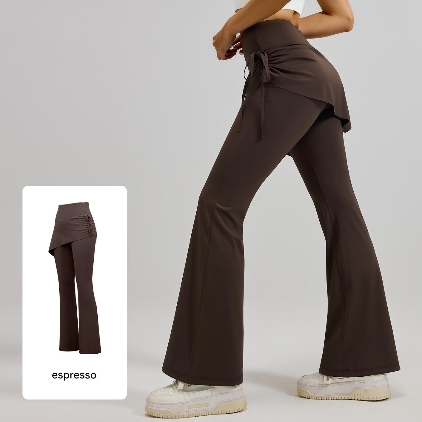 Women's High Waist Skirted Flare Yoga Pants with Adjustable Ruched Drawstring (XL size)- Coffee brown Faux Two Piece Bootcut Leggings for Pilates, Gym Workout, Running, Dance and Everyday Wear