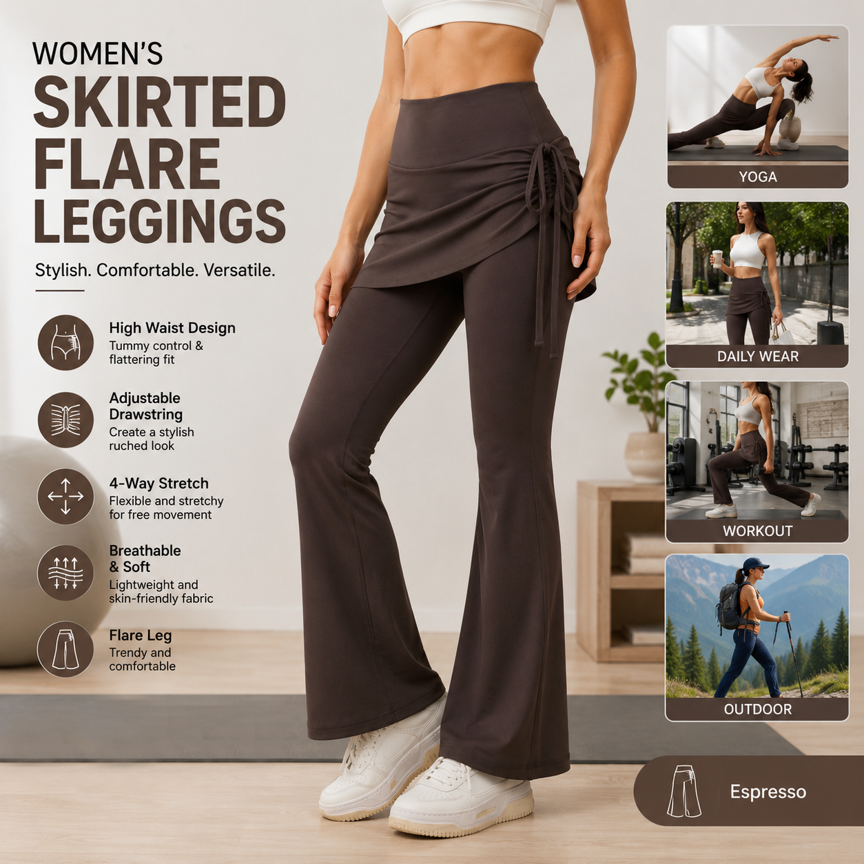 Women's High Waist Skirted Flare Yoga Pants with Adjustable Ruched Drawstring (XXL size)- Coffee brown Faux Two Piece Bootcut Leggings for Pilates, Gym Workout, Running, Dance and Everyday Wear