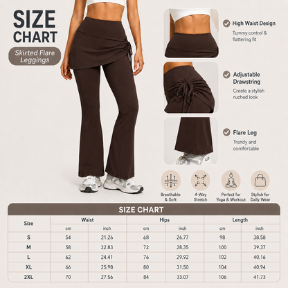 Women's High Waist Skirted Flare Yoga Pants with Adjustable Ruched Drawstring (XXL size)- Coffee brown Faux Two Piece Bootcut Leggings for Pilates, Gym Workout, Running, Dance and Everyday Wear