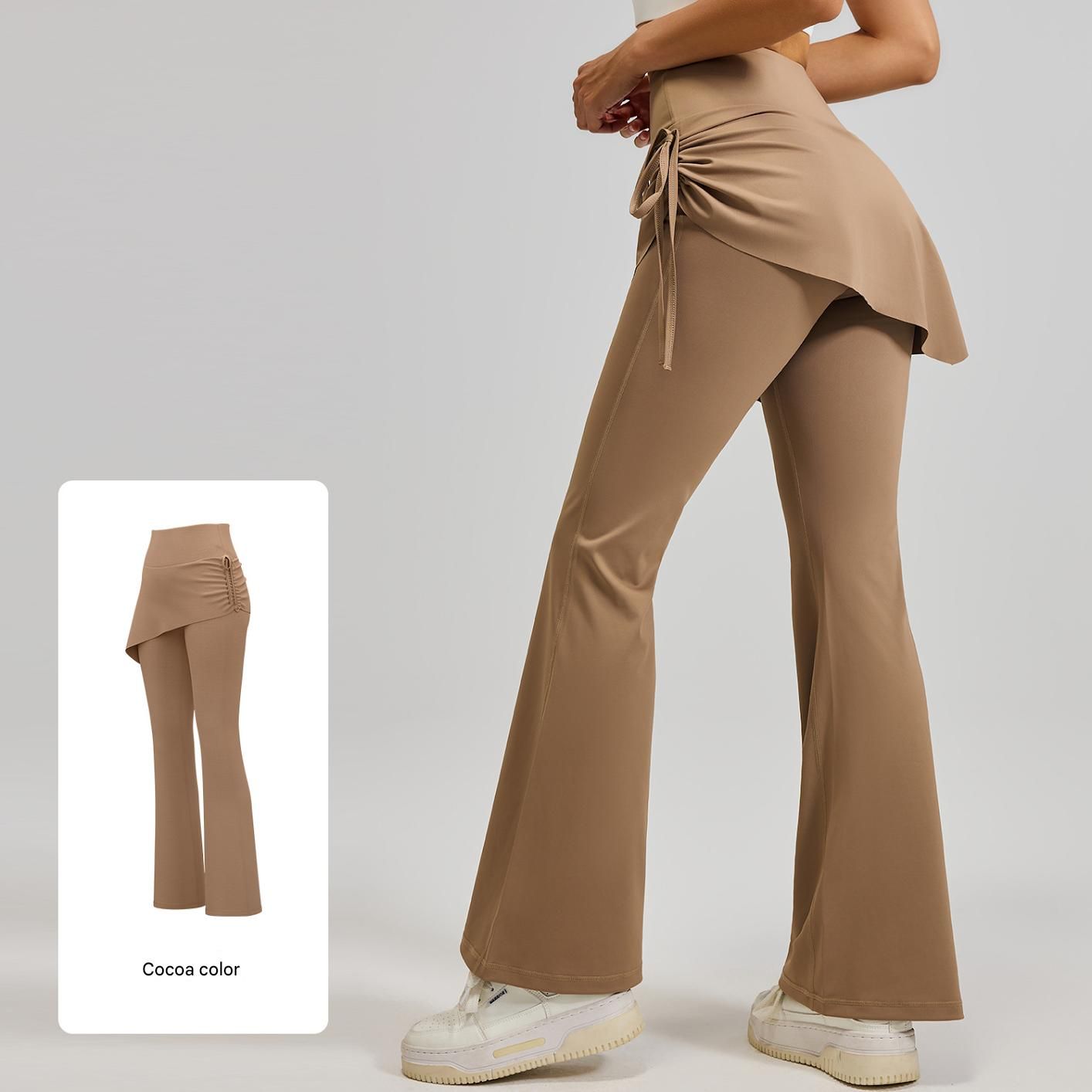 Women's High Waist Skirted Flare Yoga Pants with Adjustable Ruched Drawstring (S size)-Light brown Faux Two Piece Bootcut Leggings for Pilates, Gym Workout, Running, Dance and Everyday Wear
