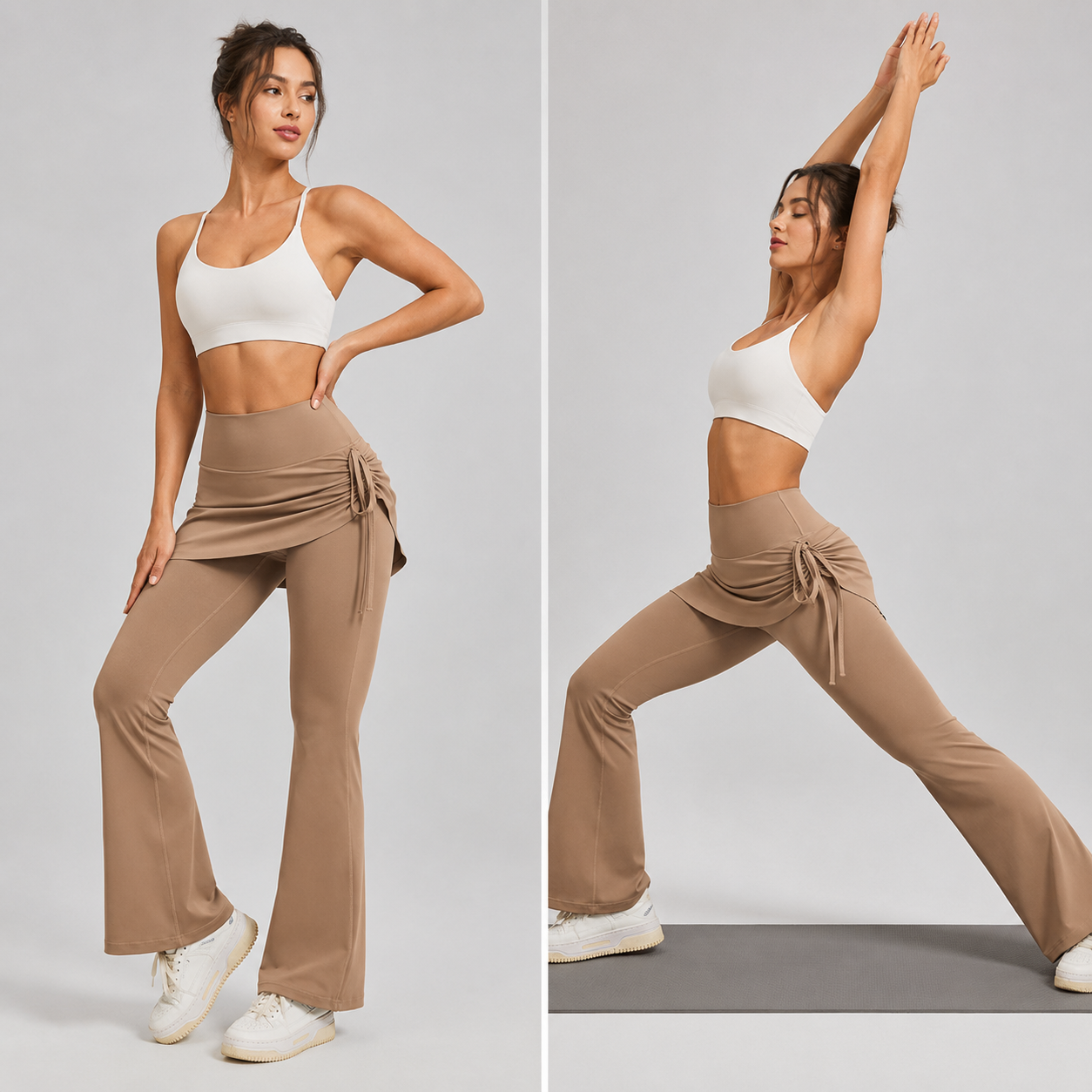 Women's High Waist Skirted Flare Yoga Pants with Adjustable Ruched Drawstring (M size)- Light brown Faux Two Piece Bootcut Leggings for Pilates, Gym Workout, Running, Dance and Everyday Wear